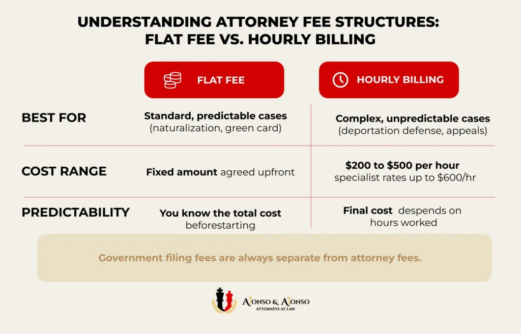 Comparison of flat fee versus hourly billing fee structures for immigration attorneys in 2026 showing cost ranges and when each applies