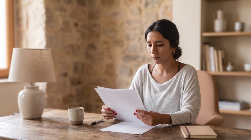Latina immigrant woman preparing VAWA self-petition documents to meet VAWA requirements for legal status