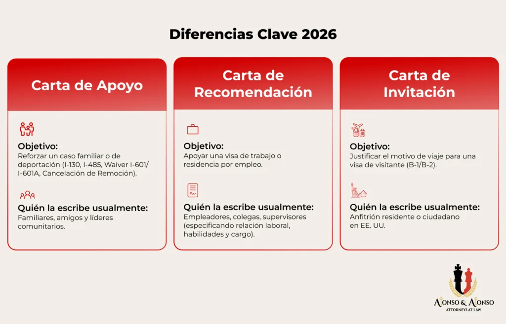 Diferencias entre carta de apoyo carta de recomendacion y carta de invitacion para inmigracion 2026