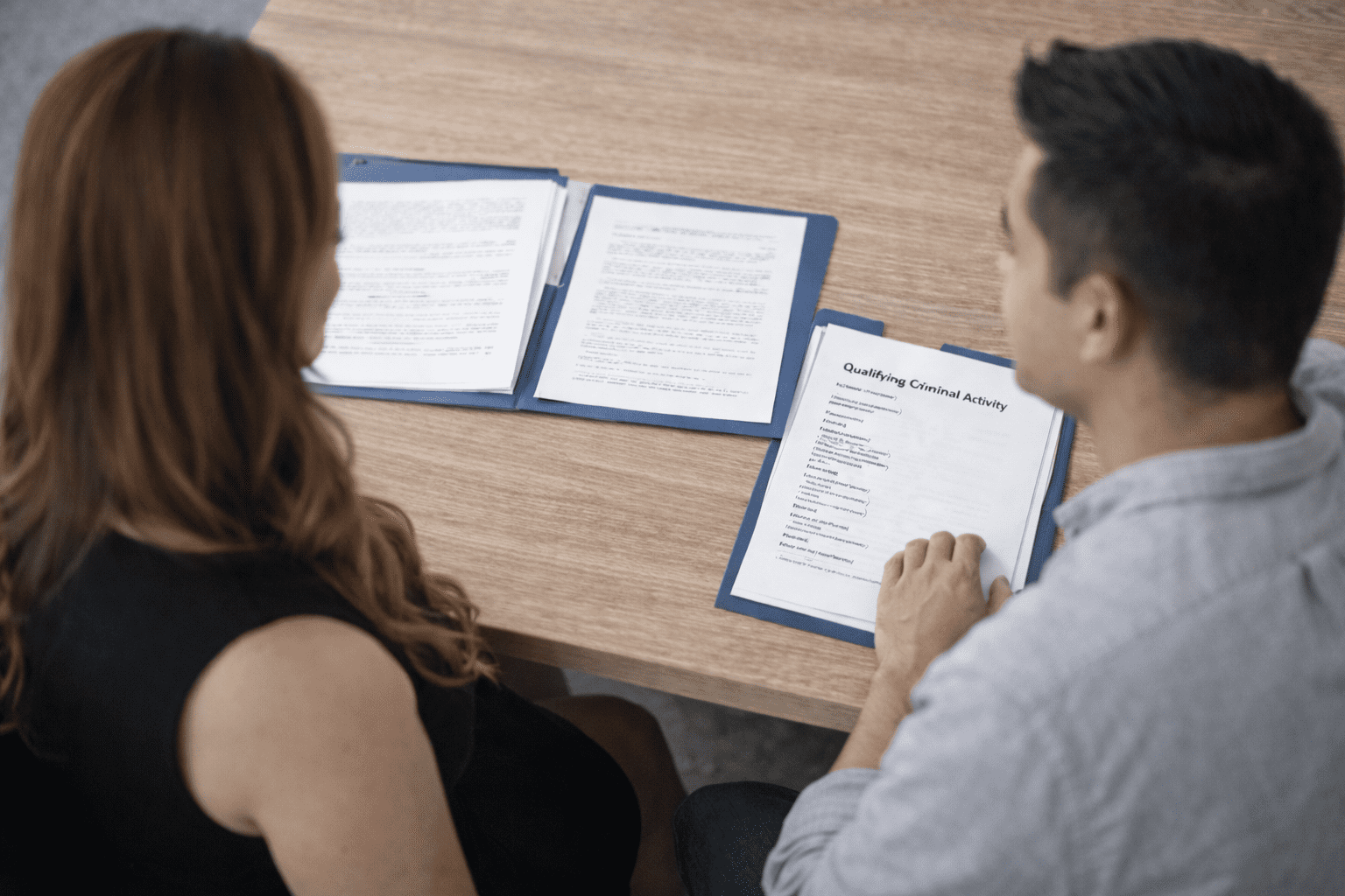 Abogado revisando cuidadosamente la documentación de la visa U con su cliente.