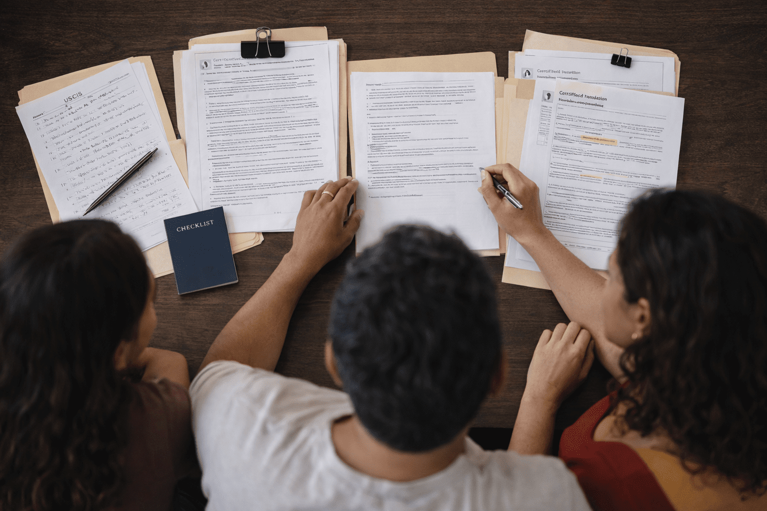 Immigration lawyer reviewing green card documents with concerned client