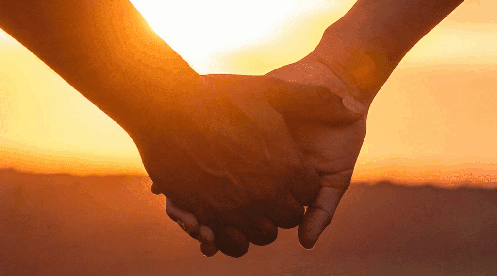 holding hands in front of the sunset