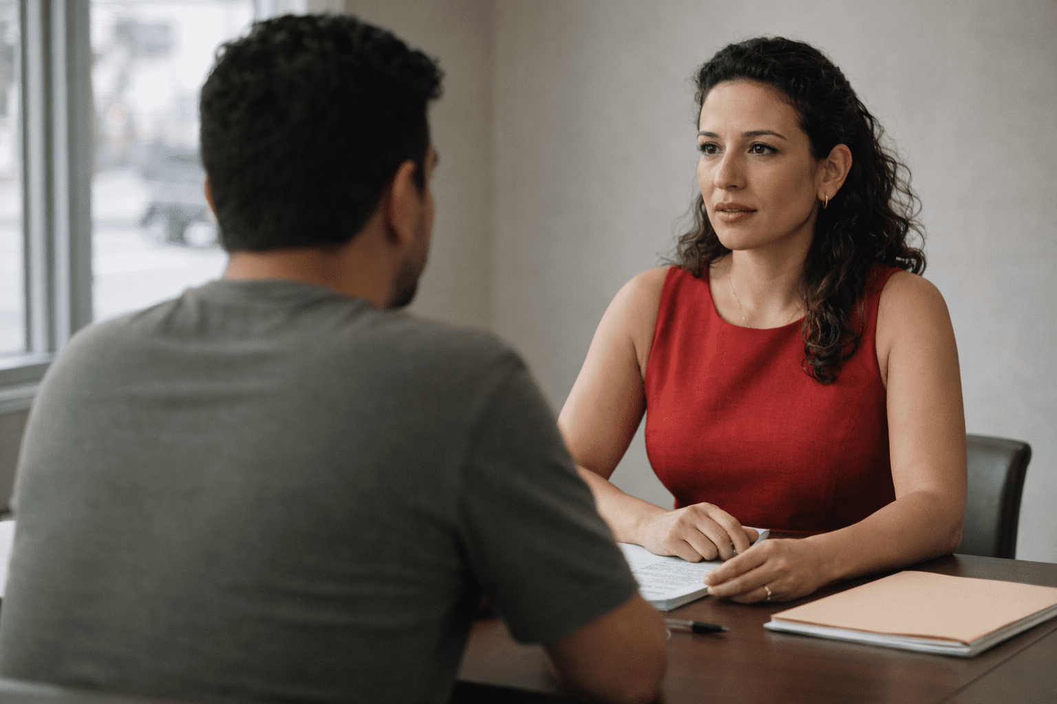 Professional immigration lawyer reviewing case with client