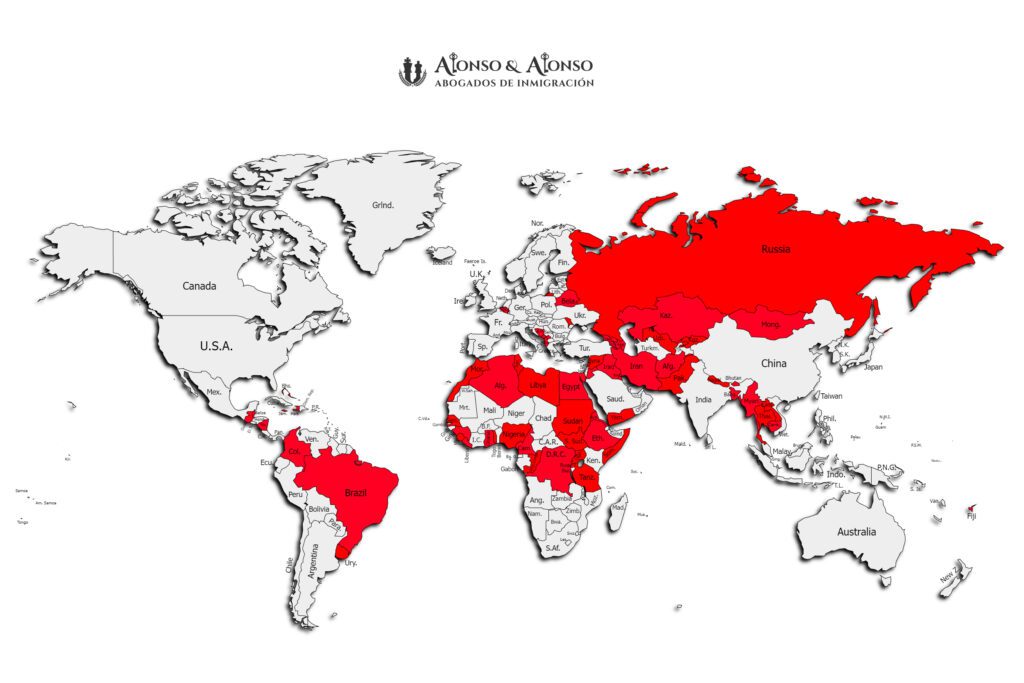 Diagram of countries affected by the US green card processing pause