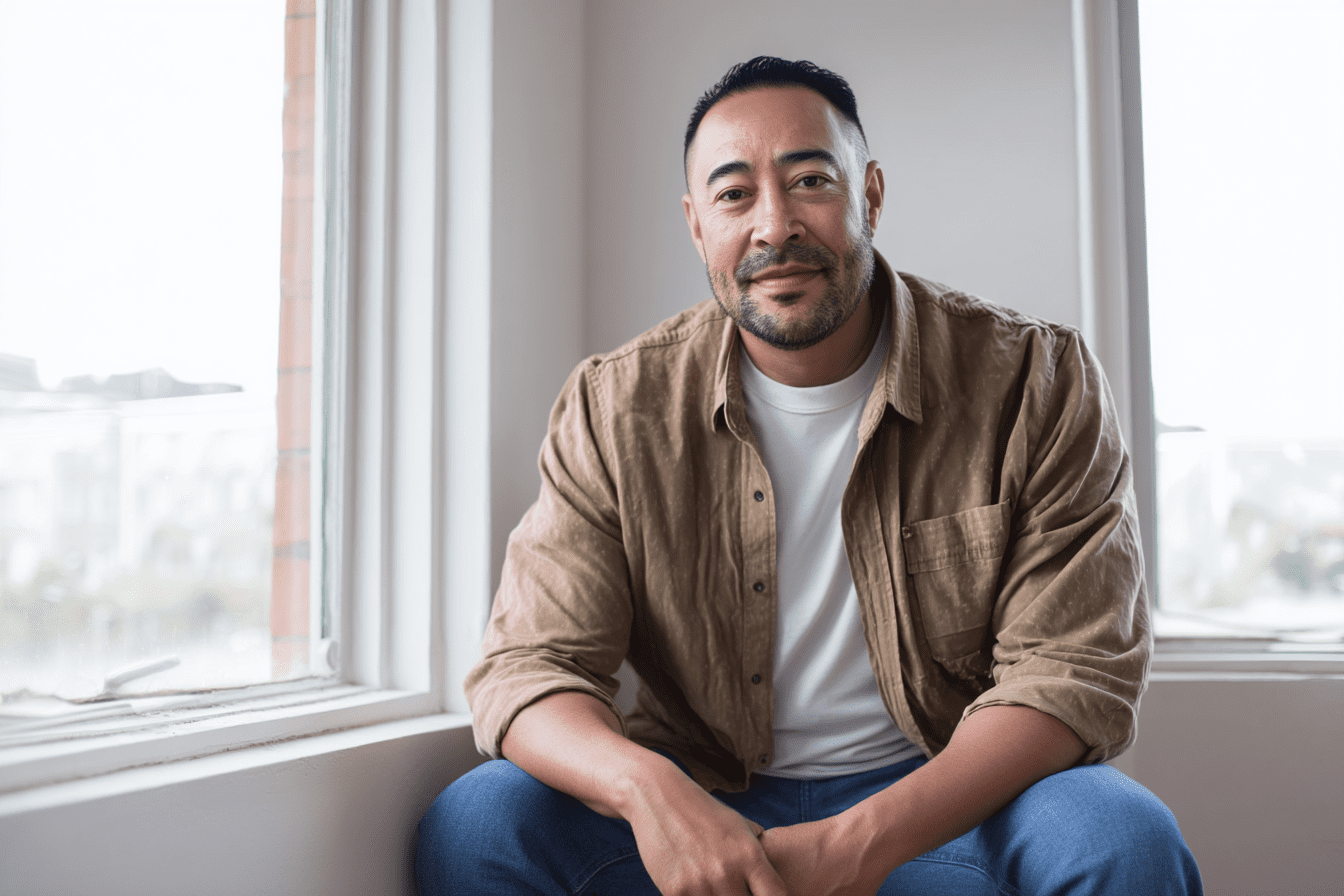 Latino immigrant sitting while discussing case