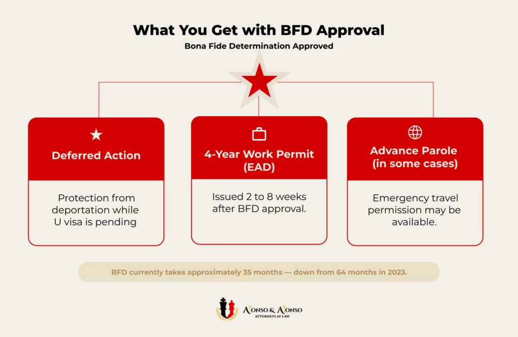 U visa bona fide determination BFD benefits graphic showing deferred action 4-year work permit EAD and advance parole