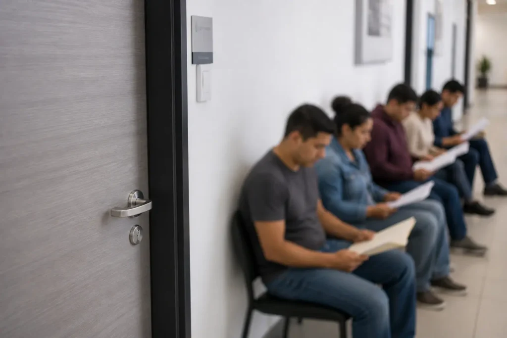 Oficina con una fila de solicitantes de inmigración borrosos sentados en sillas, representando la espera administrativa y los retrasos de USCIS
